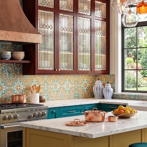 May include: A kitchen with dark wood cabinets featuring stained glass panels. The kitchen has a copper range hood, teal cabinets, and a marble countertop. Copper pots and pans are on the stove and countertop. The text "Geometric Elegance: Stained Glass Cabinets" is at the bottom.