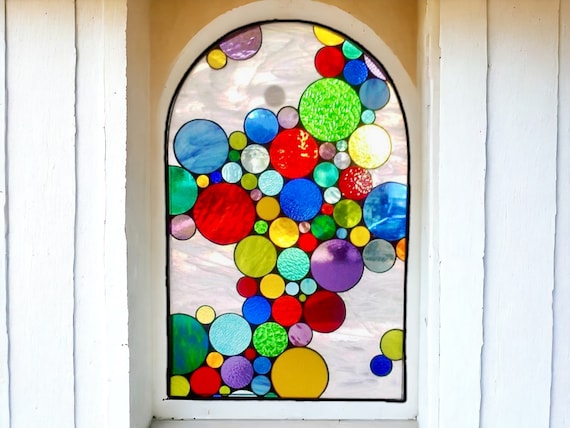 Stained Glass Window Panel - Contemporary Abstract of Colorful Bubbles W-27