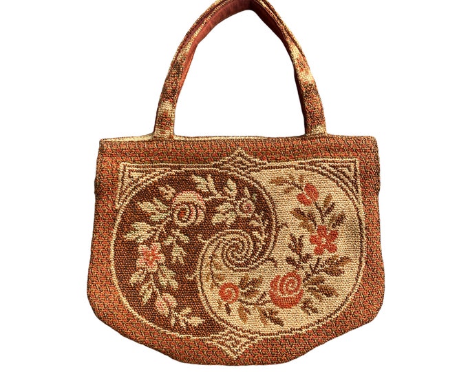 Vintage Woven Cotton Purse Browns and Orange Floral Swirl