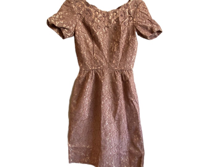 Vintage 1960s Beaded Lace over Taffeta Cocktail Dress -S- Brown Floral