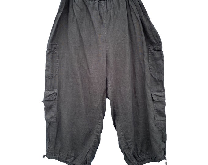 FLAX Spring Neutral 2006 Cropped Cargo Pants -2G/2X- Black Lightweight Linen