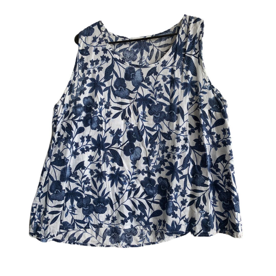 Plus Size Linen Tank Top White and Navy Blue Floral