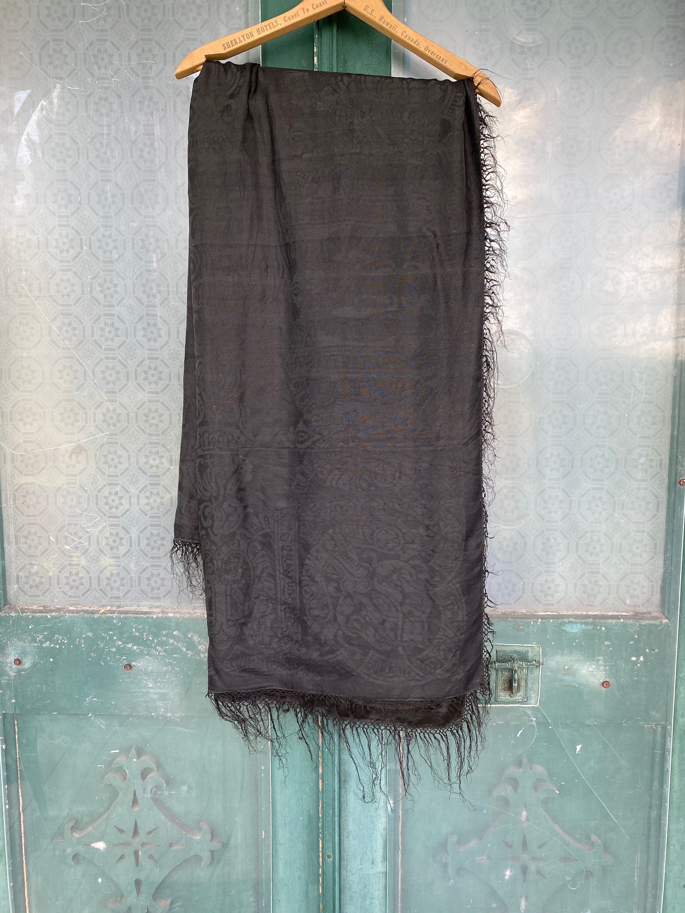 Vintage Black Damask Silk Shawl with Fringe