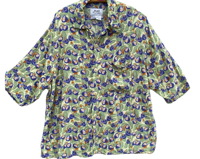 FLAX Engelhart Thinking Tropics 2001 Hawaii Shirt -M- Blue Bells Rayon
