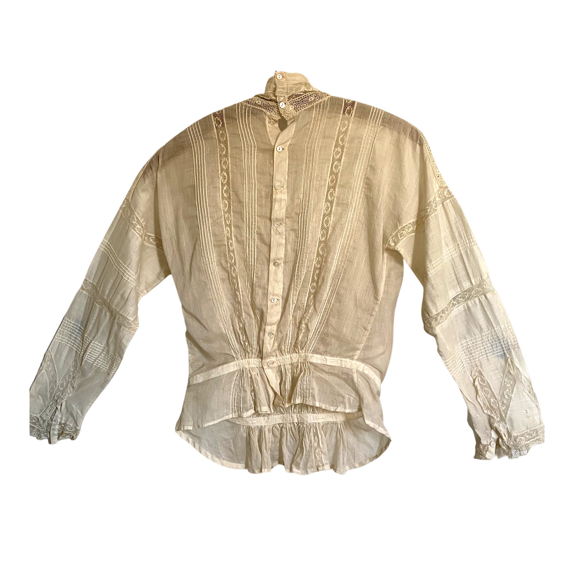 Victorian Cotton Lawn Blouse with Lace Pintucks Satin Stitch