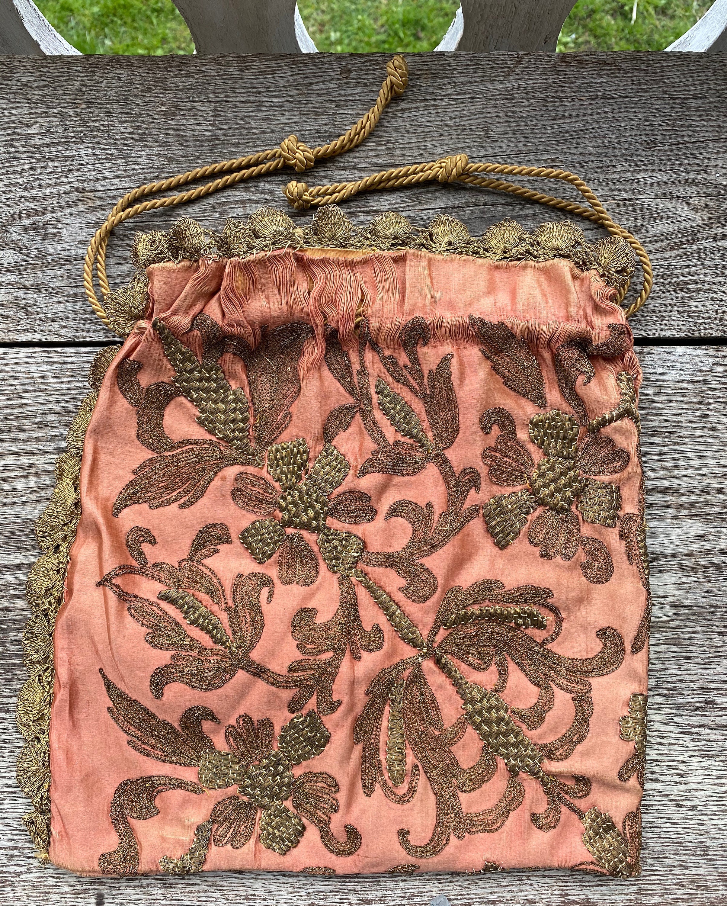 Victorian Silk Drawstring Bag with Gold Bullion Trim and Stitching