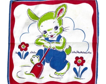 Vintage Garden Bunny with Shovel Novelty Childs Handkerchief