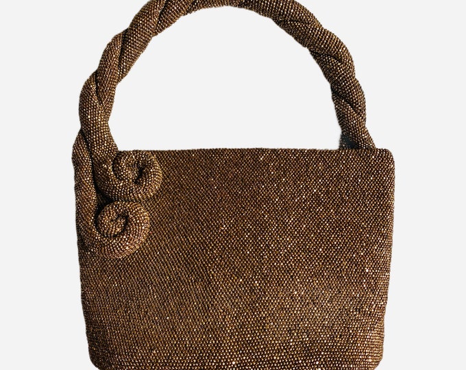 Vintage 1940s Flat Bottom Deco Handbag with Copper Beading