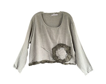 Sarah Clemens Long Sleeve Cropped Pullover Top -L- Gray Linen