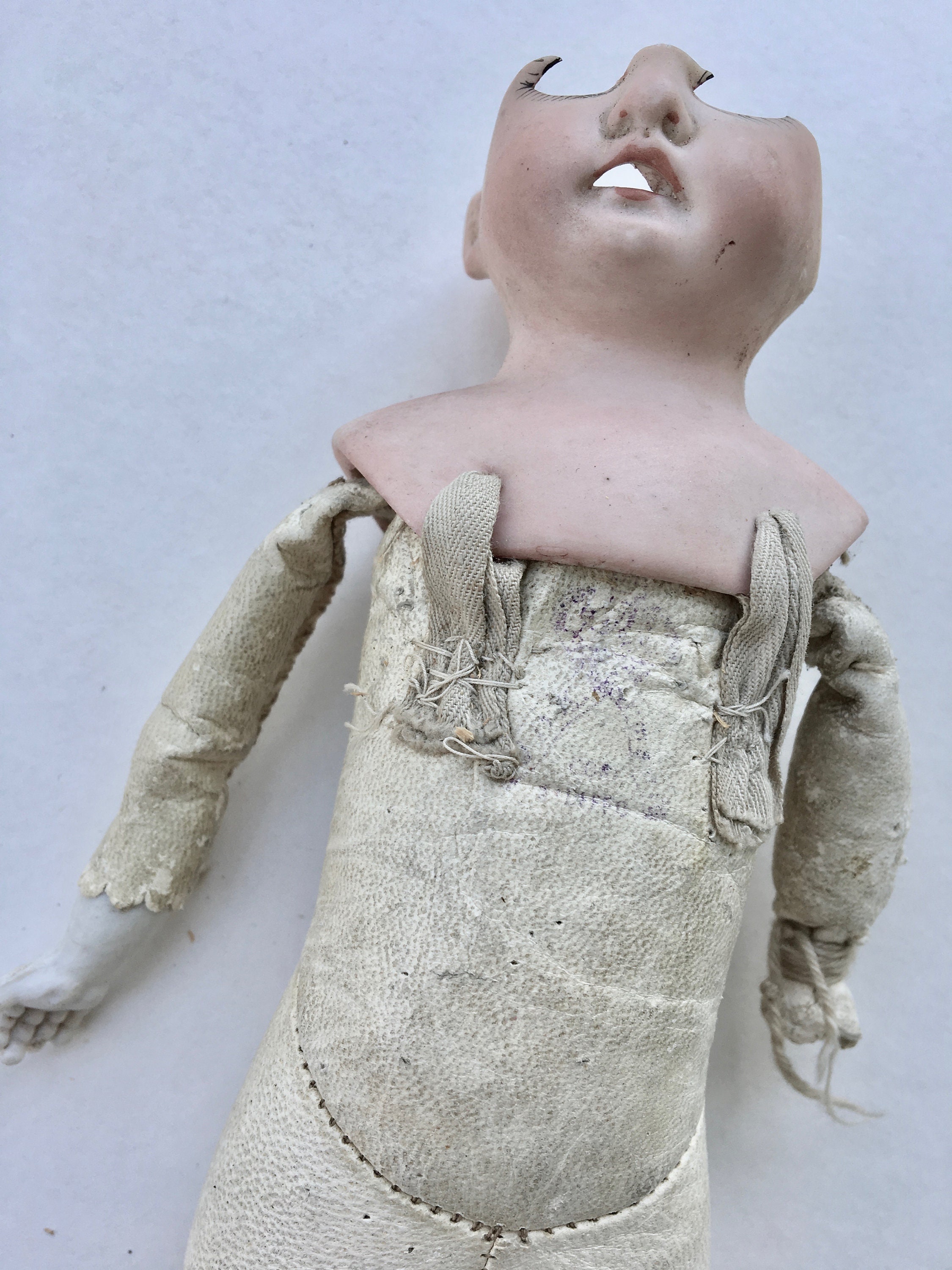 Antique Armand Marseille German Bisque Leather Body Doll Fragment