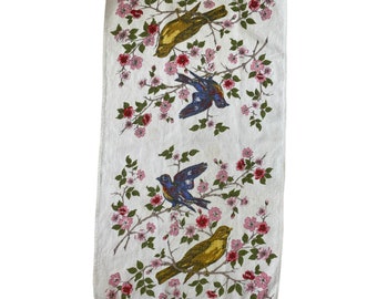 Vintage Linen Kitchen Dish Towel with Birds and Cherry Blossoms