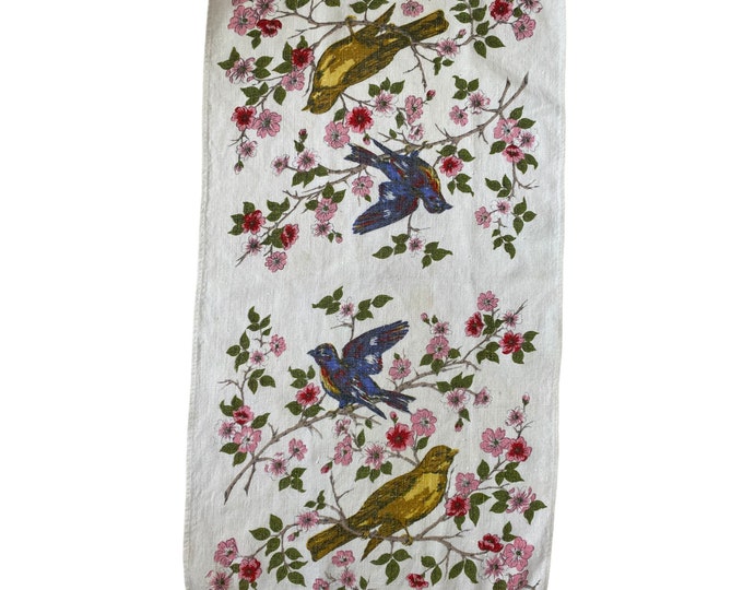 Vintage Linen Kitchen Dish Towel with Birds and Cherry Blossoms