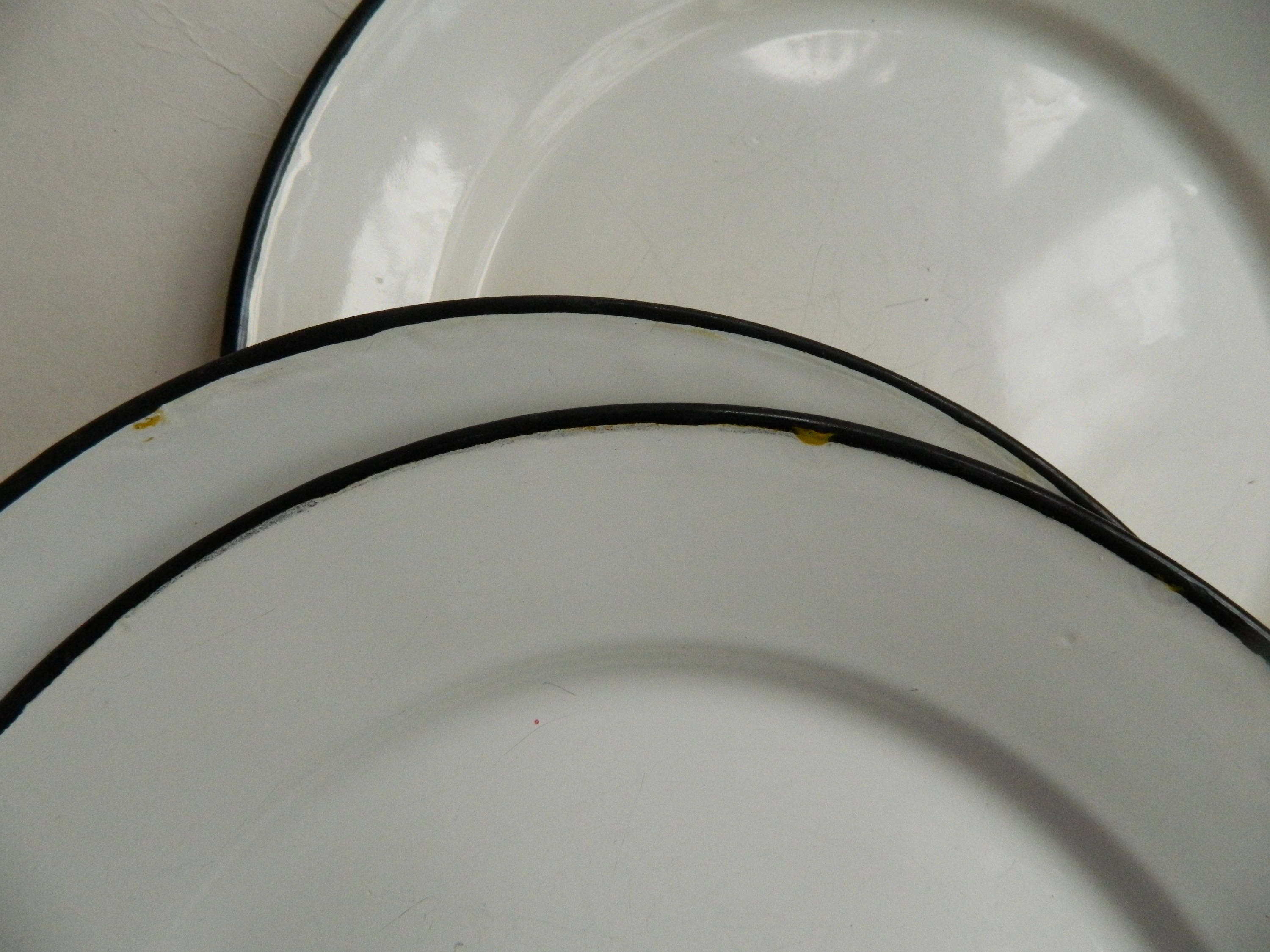 Set of 7 Yellow and White Enamelware 10 Inch Plates Made in Poland
