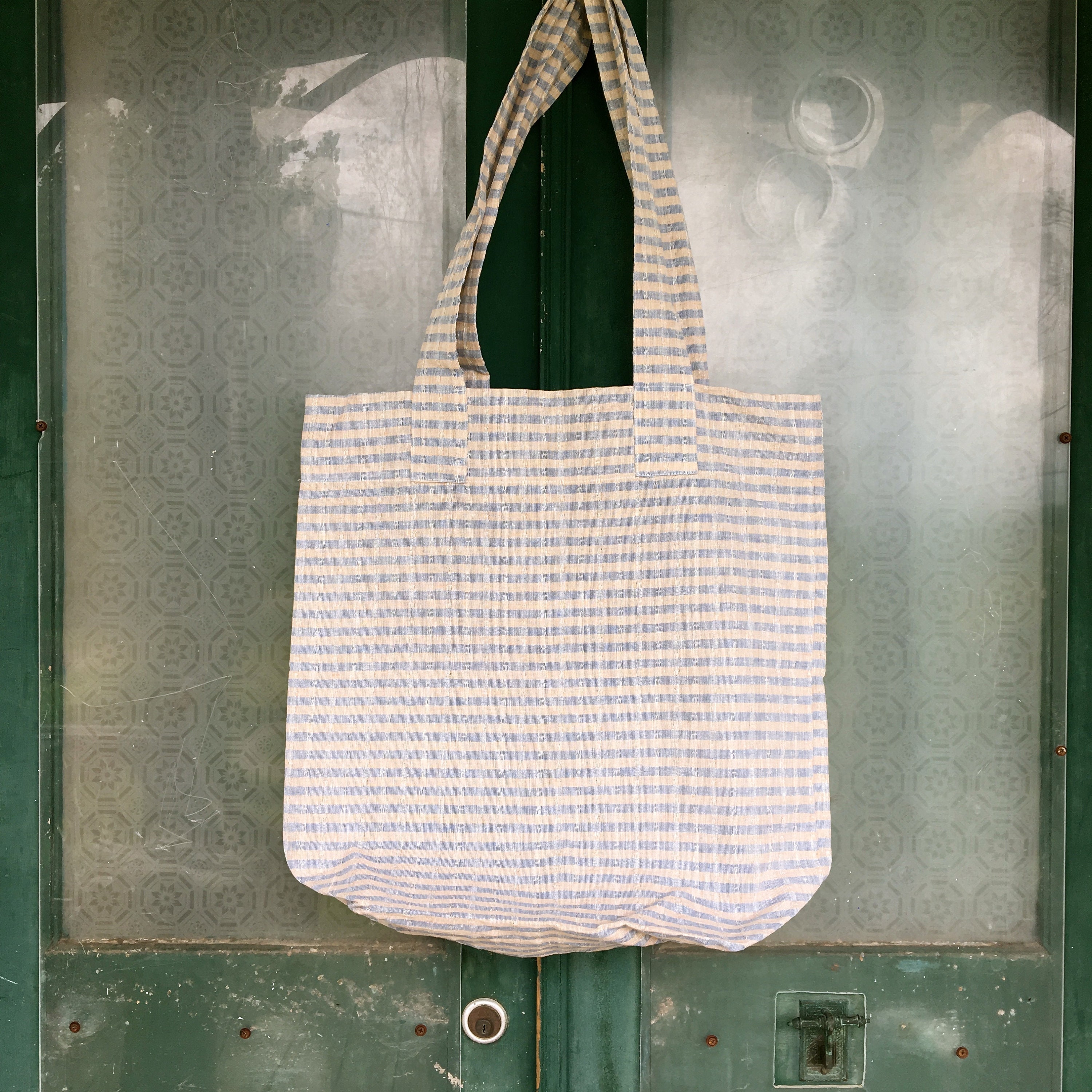 FLAX Engelhart Tote Bag Chambray Blue and Oatmeal Stripe Linen