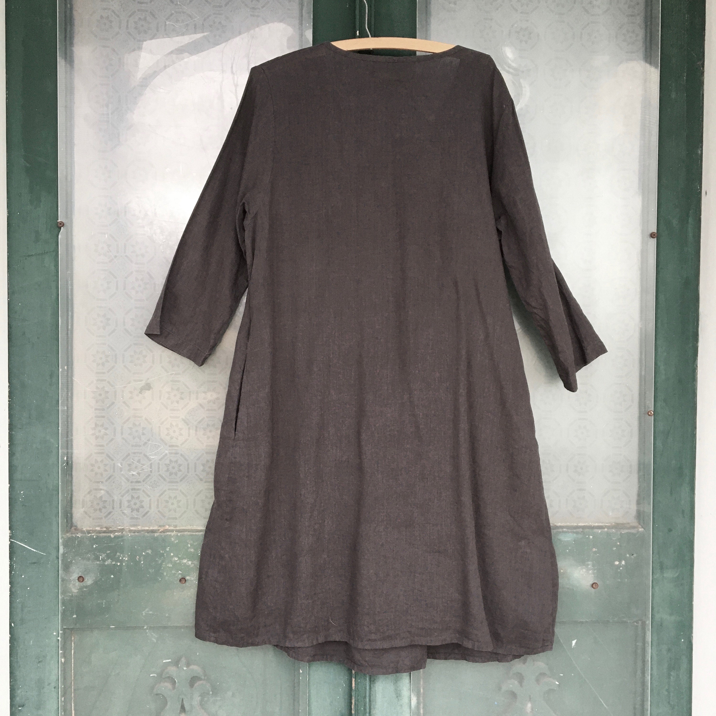 FLAX Designs 3/4 Sleeve Pullover Pleated Tunic Dress -M- Dark Gray Linen