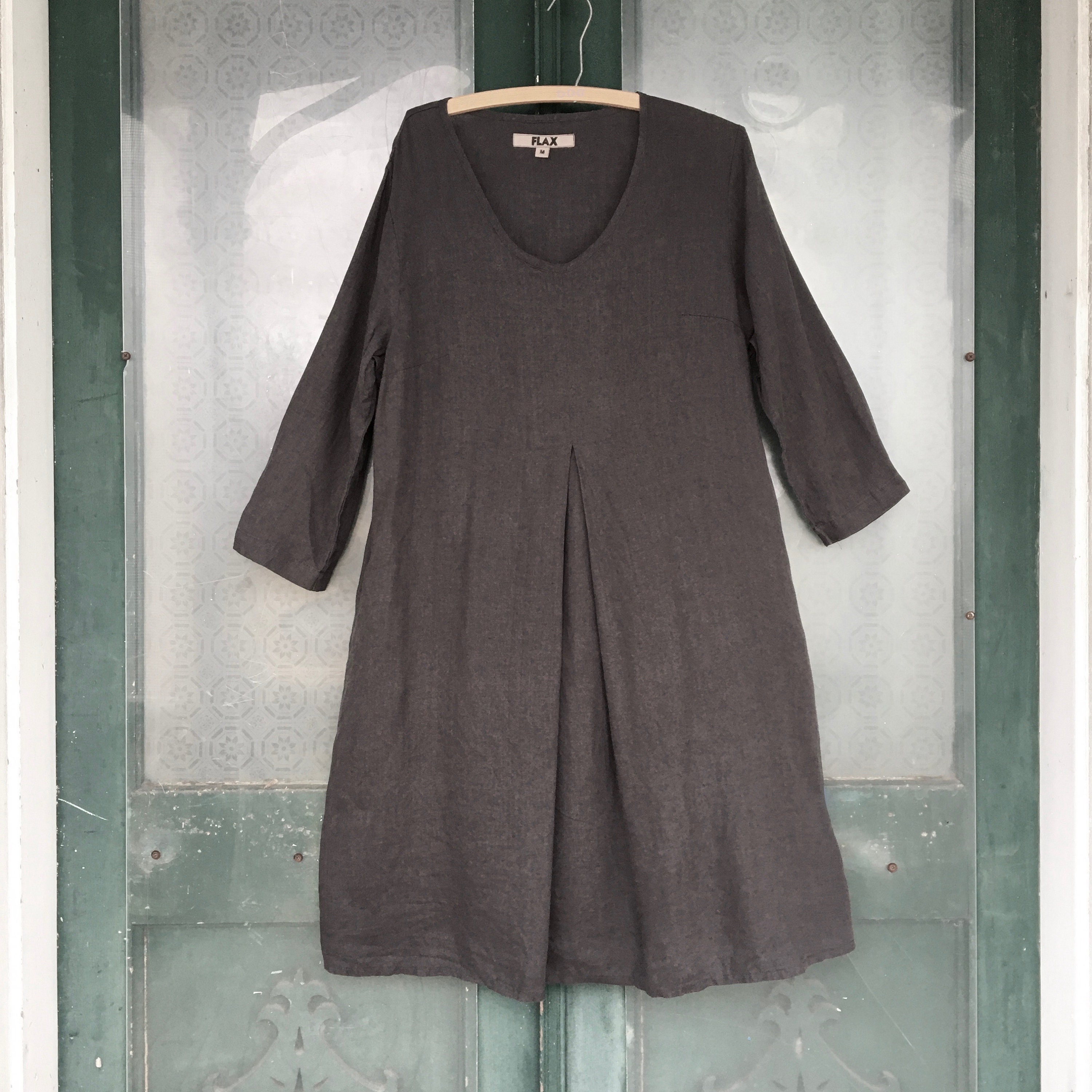 FLAX Designs 3/4 Sleeve Pullover Pleated Tunic Dress -M- Dark Gray Linen