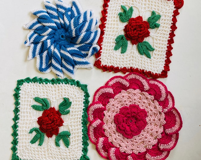 Collection of 4 Colorful Crochet Decorative Potholders