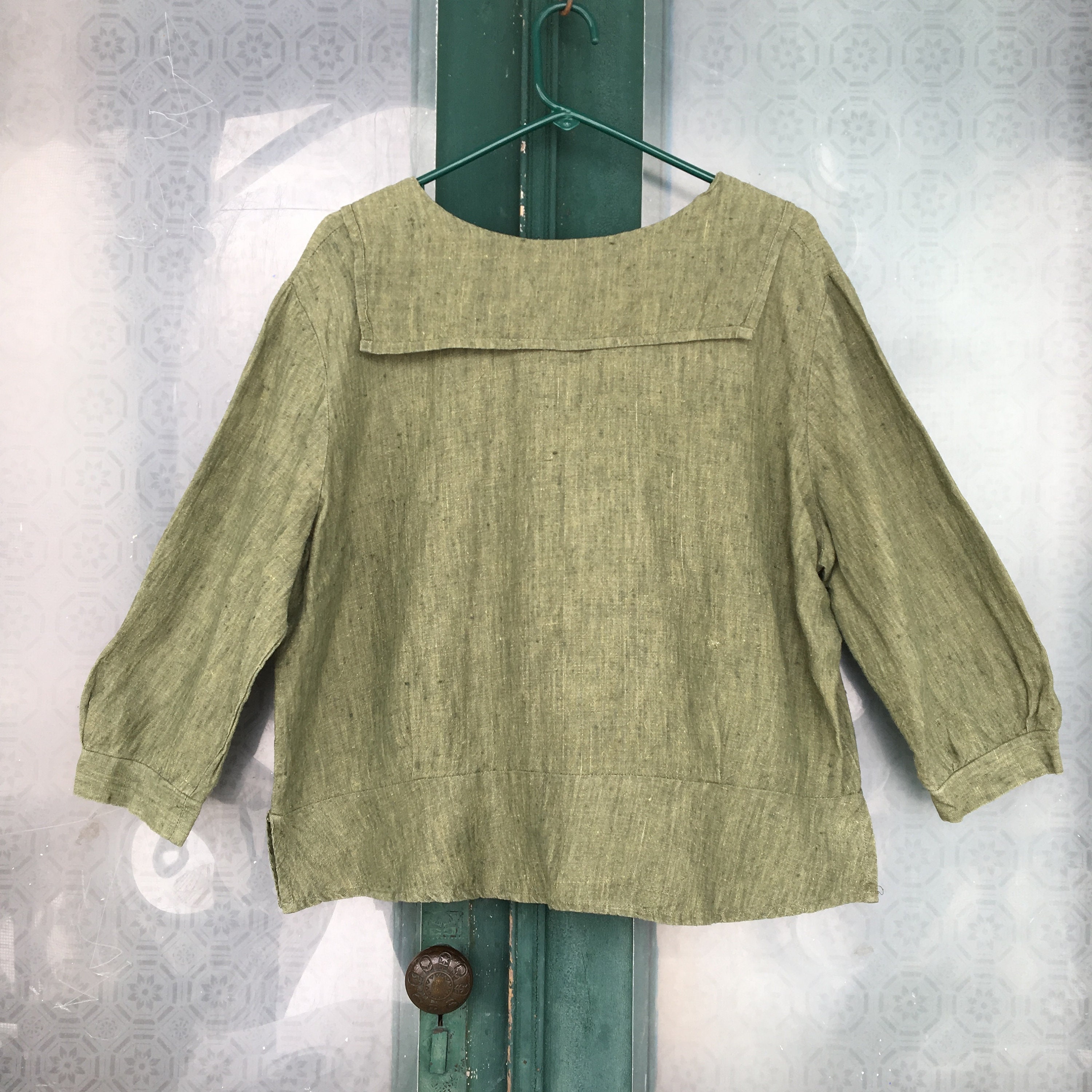 FLAX Engelhart Retro Middy Minded Blouse -M/L- Fern Green Blue Yarn ...