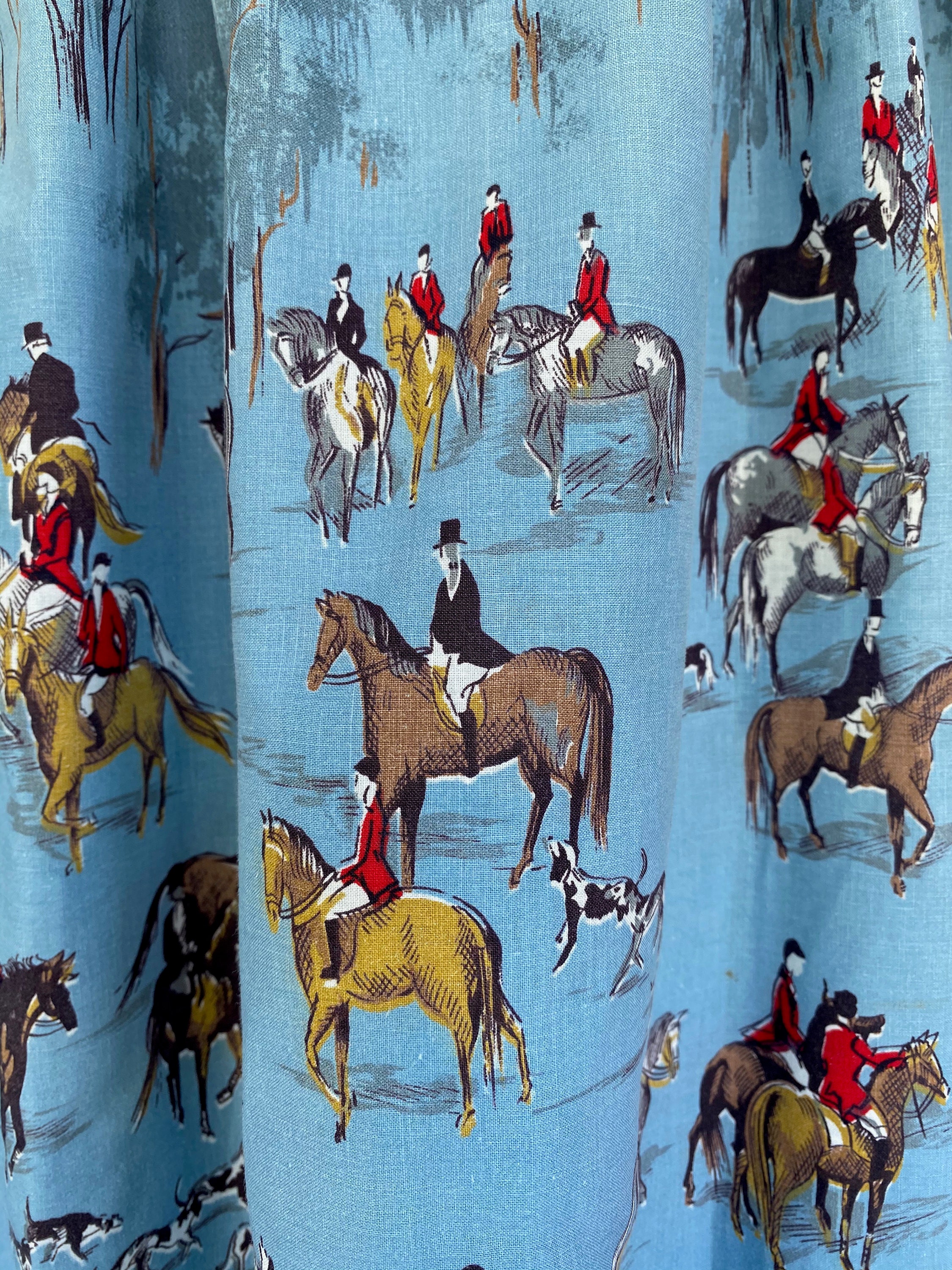 Vintage Equestrian Fox Hunt Cotton Half Apron