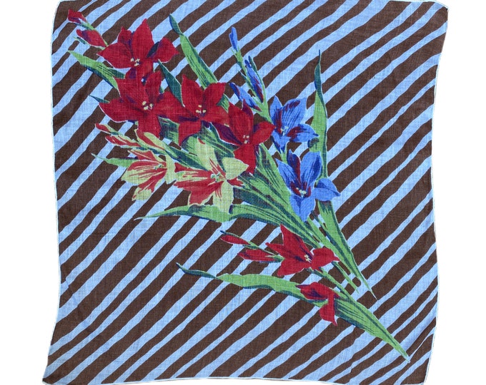 Vintage Handkerchief with Gladiolas and Stripes
