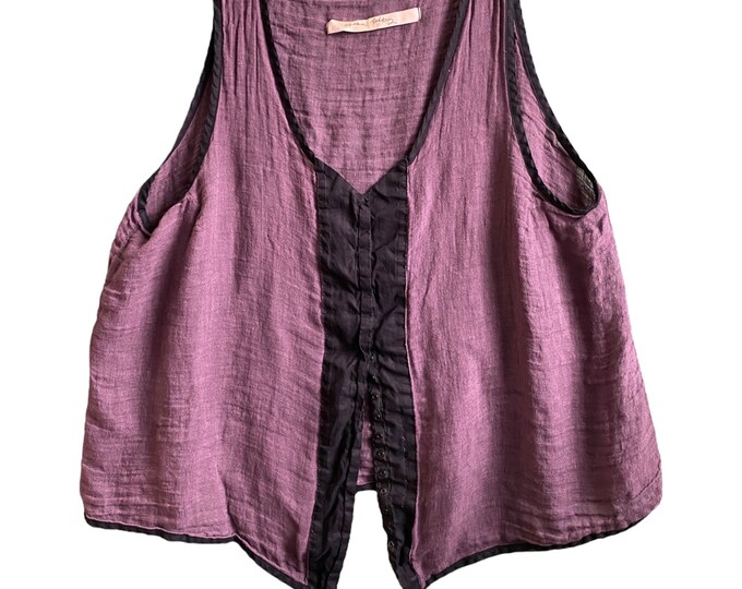 Cynthia Ashby Snap Front Tank Vest -XL- Purple Linen Gauze and Black Cotton Trim
