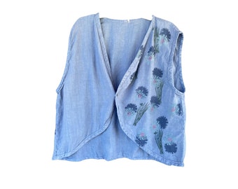 MaxEquations Artwear Vest -L- Blue Linen with Flowers