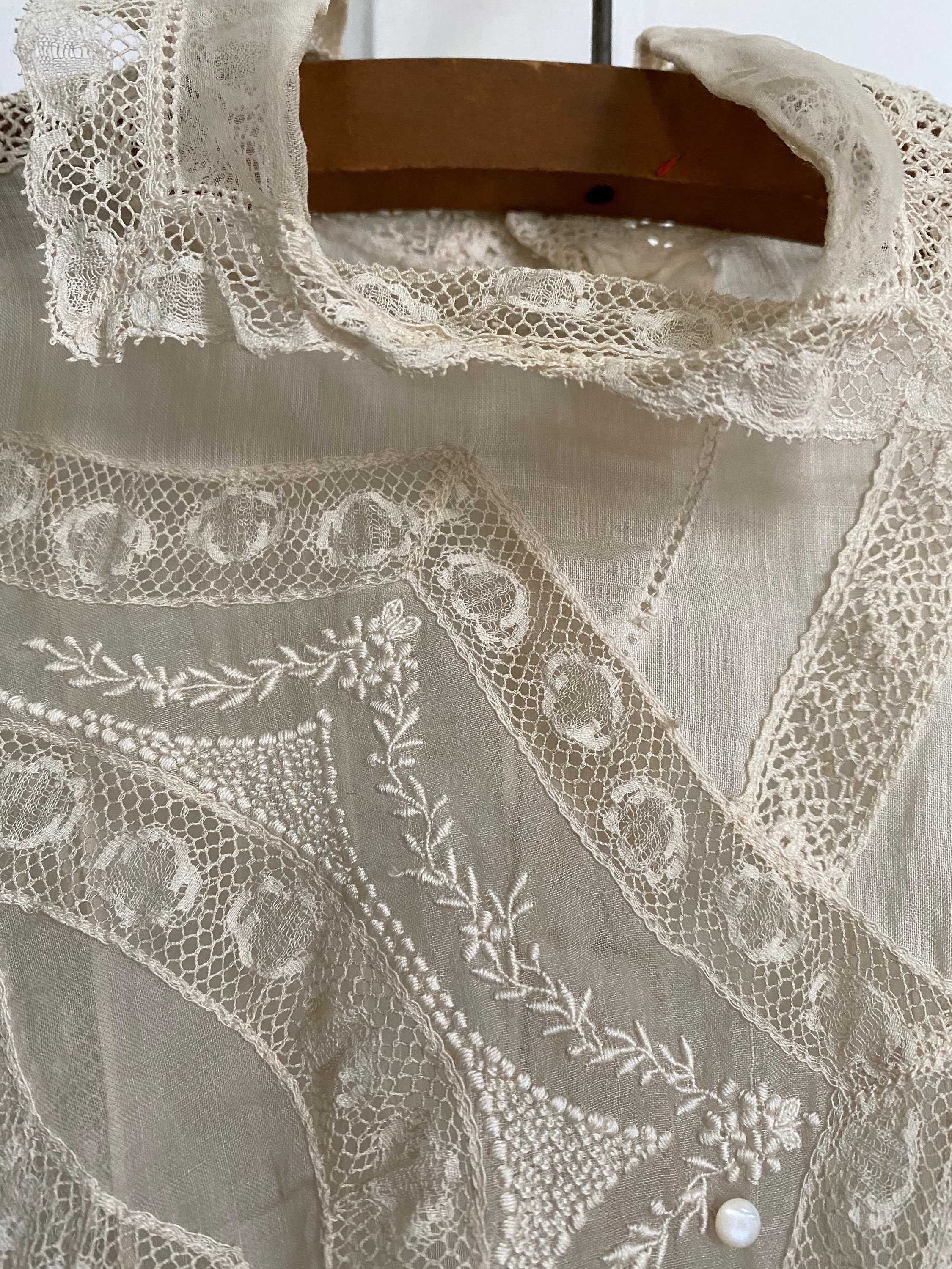 Victorian Cotton Lawn Blouse with Lace Pintucks Satin Stitch