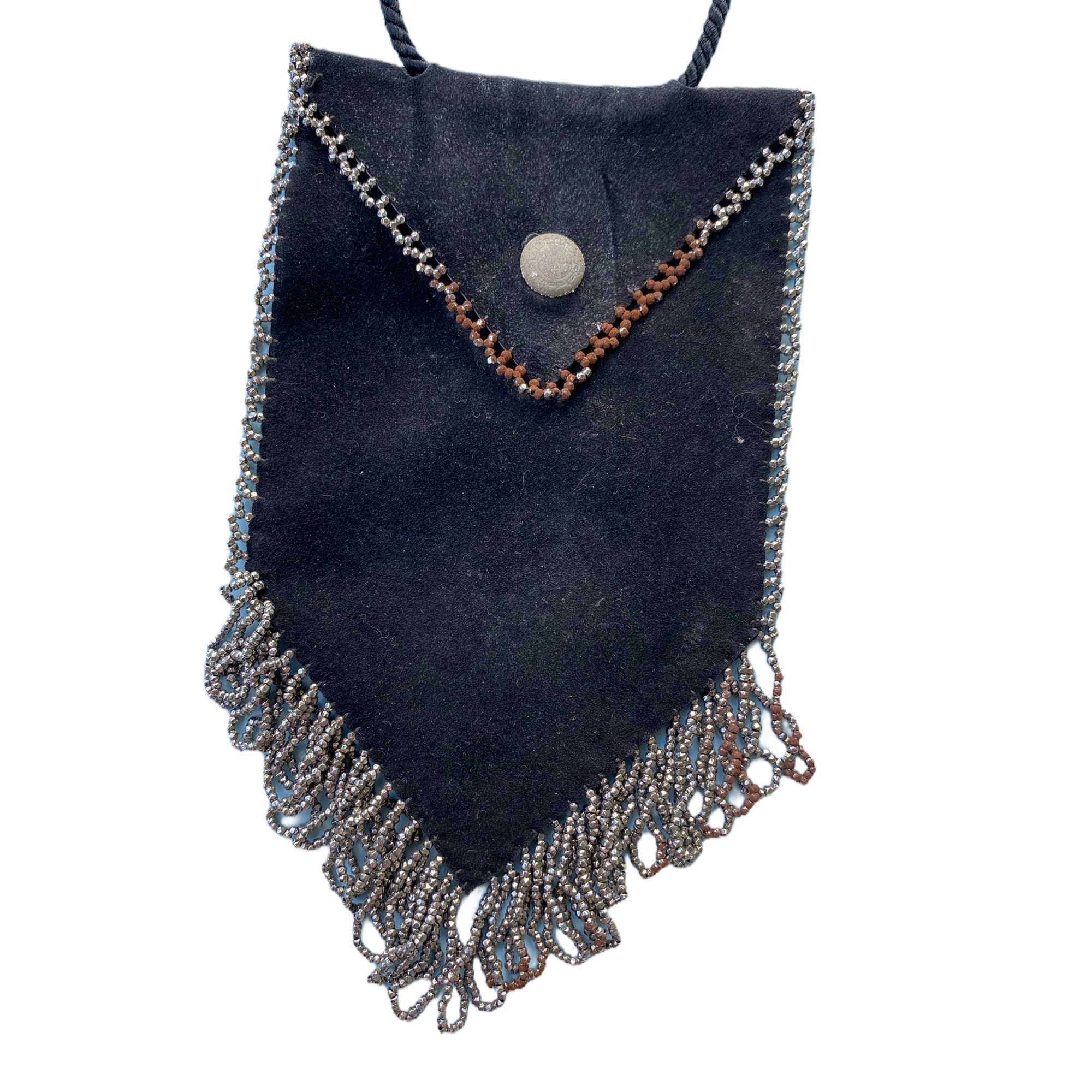 Vintage Black Suede Pouch Bag with Steel Cut Metal Bead Trim