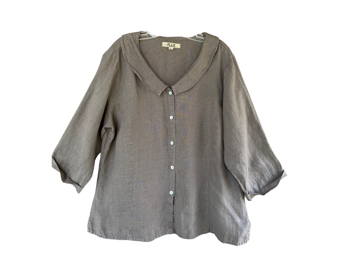 FLAX 3/4 Sleeve Blouse -L- Brown/Gray Linen