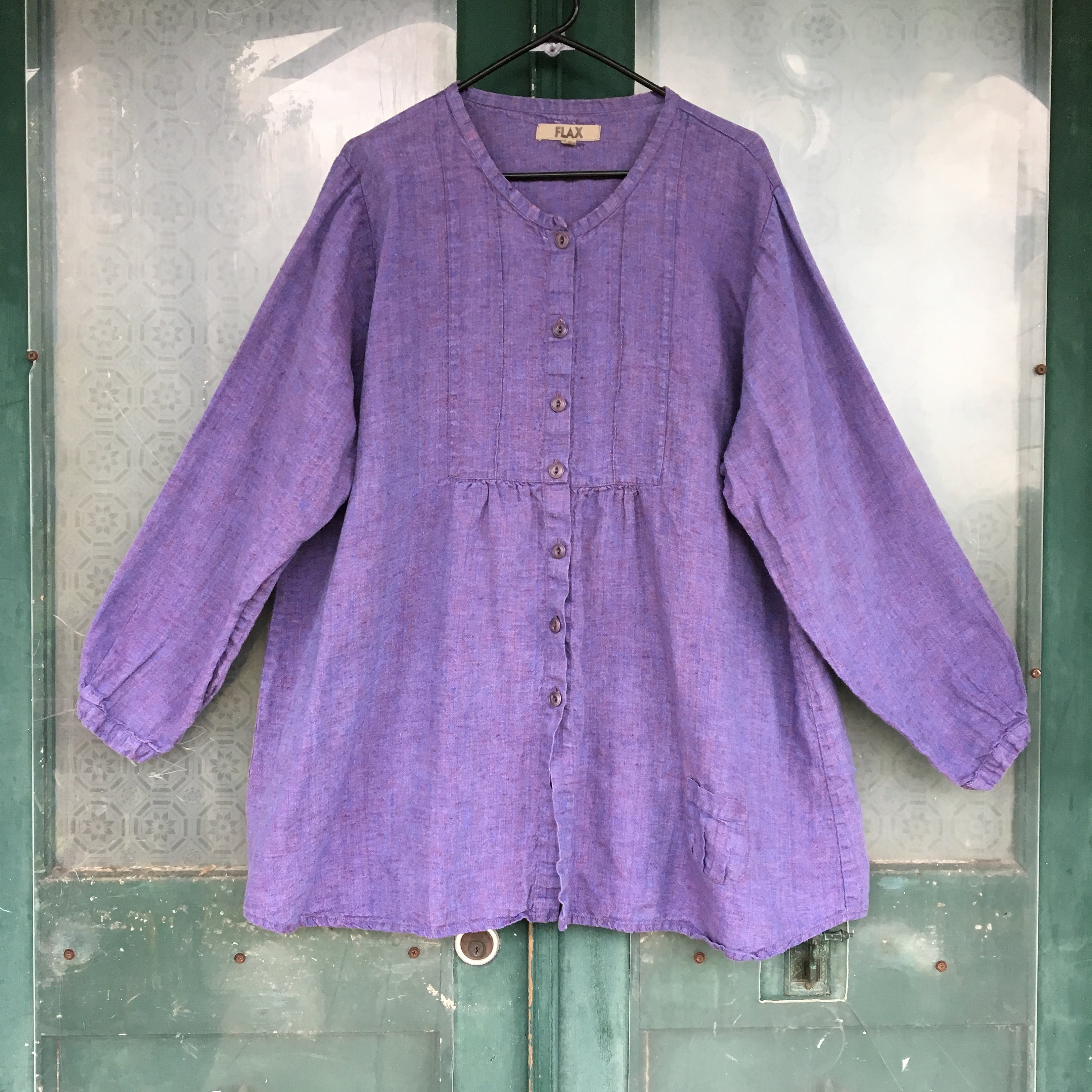 FLAX Engelheart Long Sleeve Tunic Shirt -L- Yarn-Dyed Purple Linen