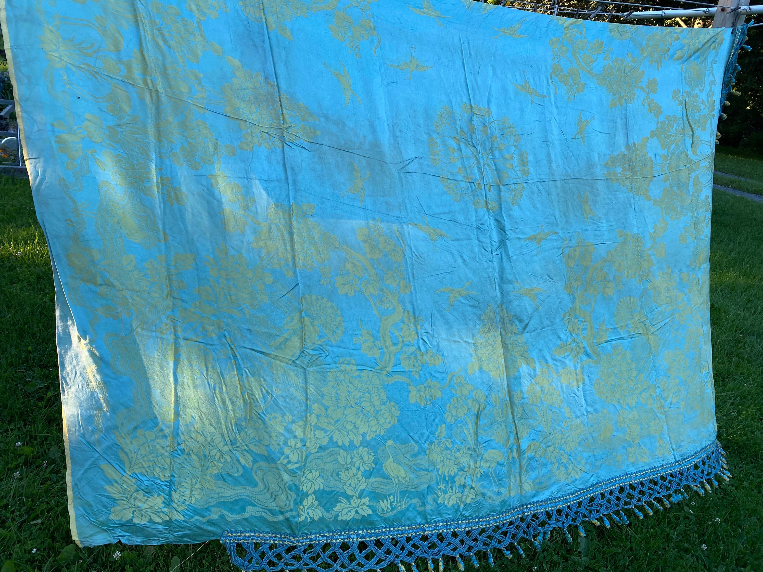 Vintage Satin Damask Fringed Bedspread Coverlet 88” x 99”