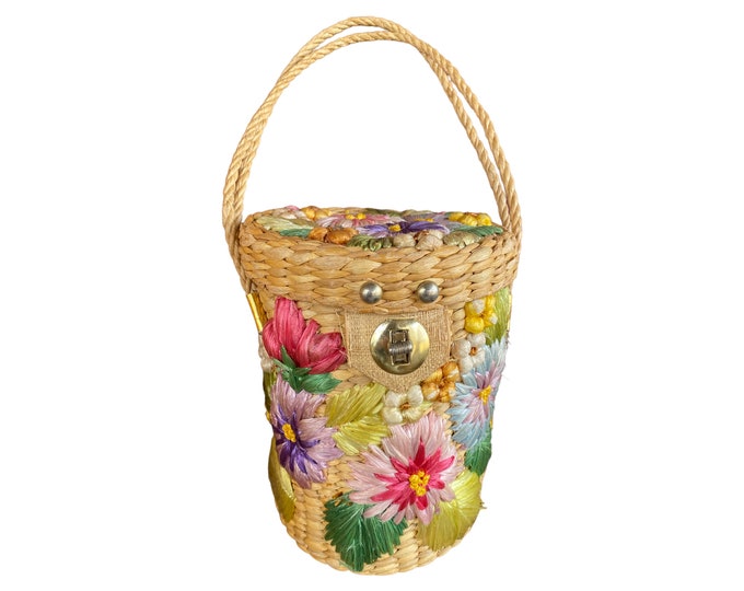 Vintage 1980s Raffia Floral Covered Bucket Bag