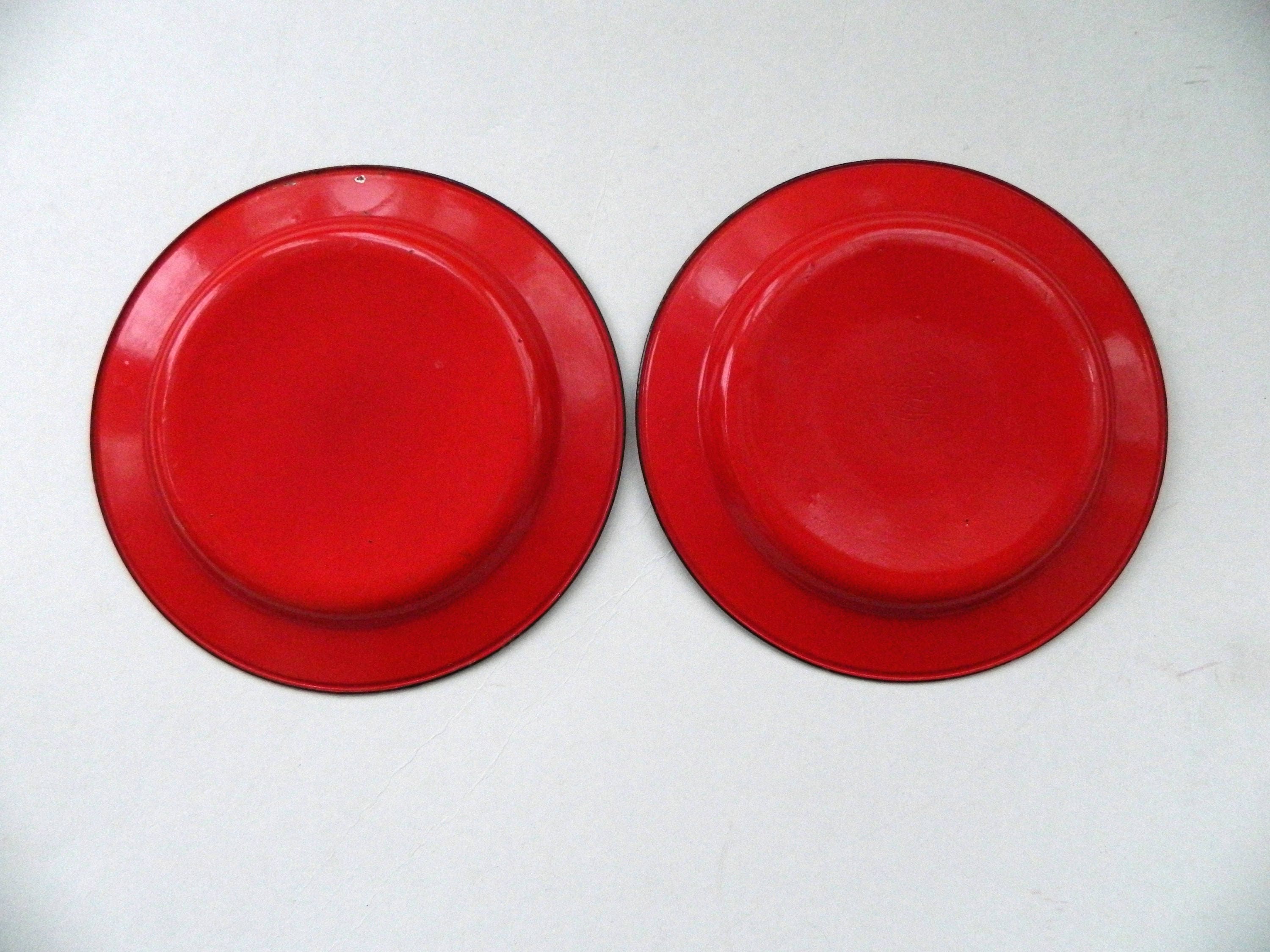 Pair of 2 Red Enamelware 10 Inch Plates