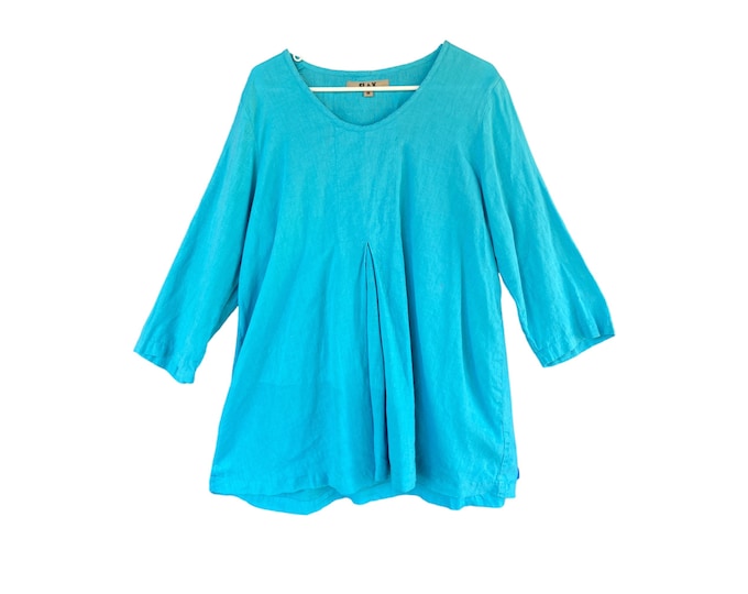 FLAX Sunshine 2011 3/4 Sleeve Pullover Pleated Tunic -M- Turquoise Linen