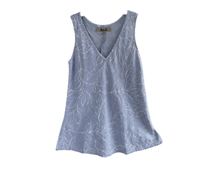 FLAX V-Neck Bias Tank -P/XS- Light Blue & White Tiny Check Linen