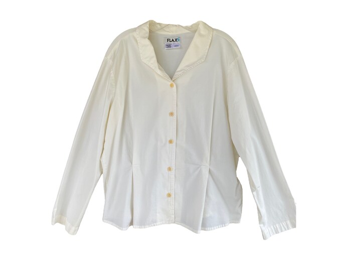 FLAX Long Sleeve Blouse -L- White Cotton/Elastin