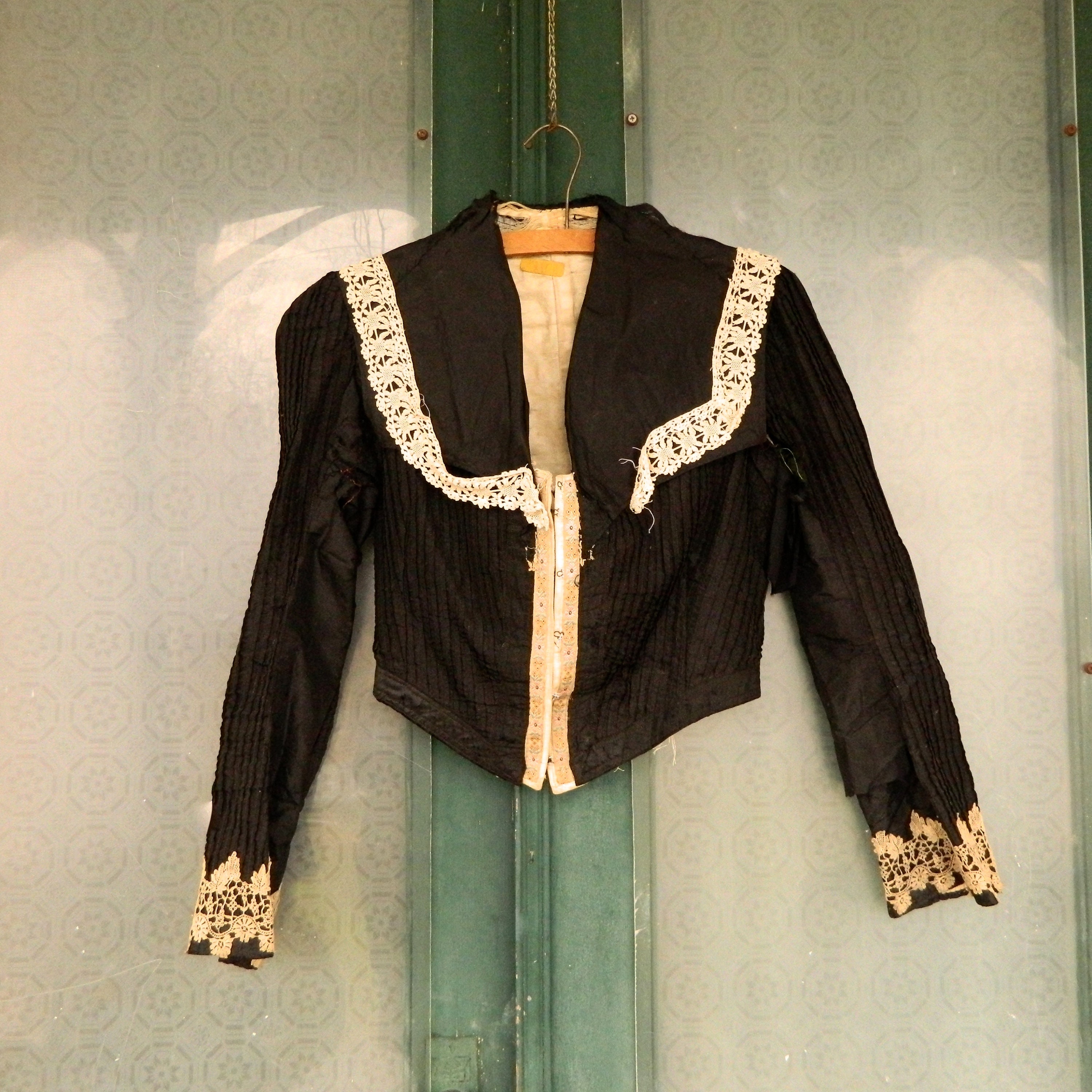 Edwardian Pintuck Blouse in Black with White Lace Trim