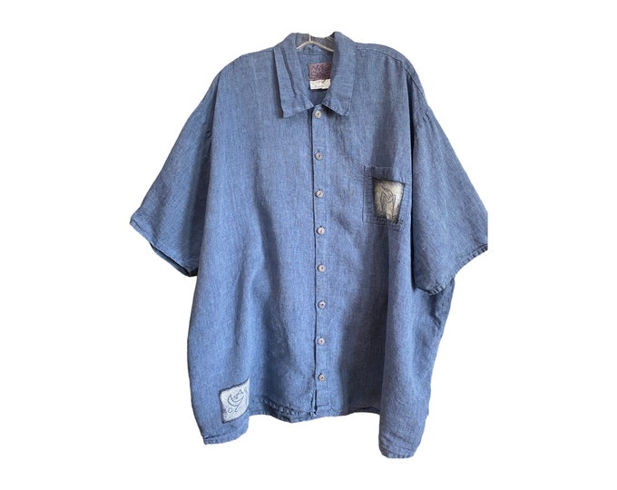 FLAX Engelhart 2001 Artwear by Vital Signs Camp Shirt -2G/2X- Blue Indiglo Linen
