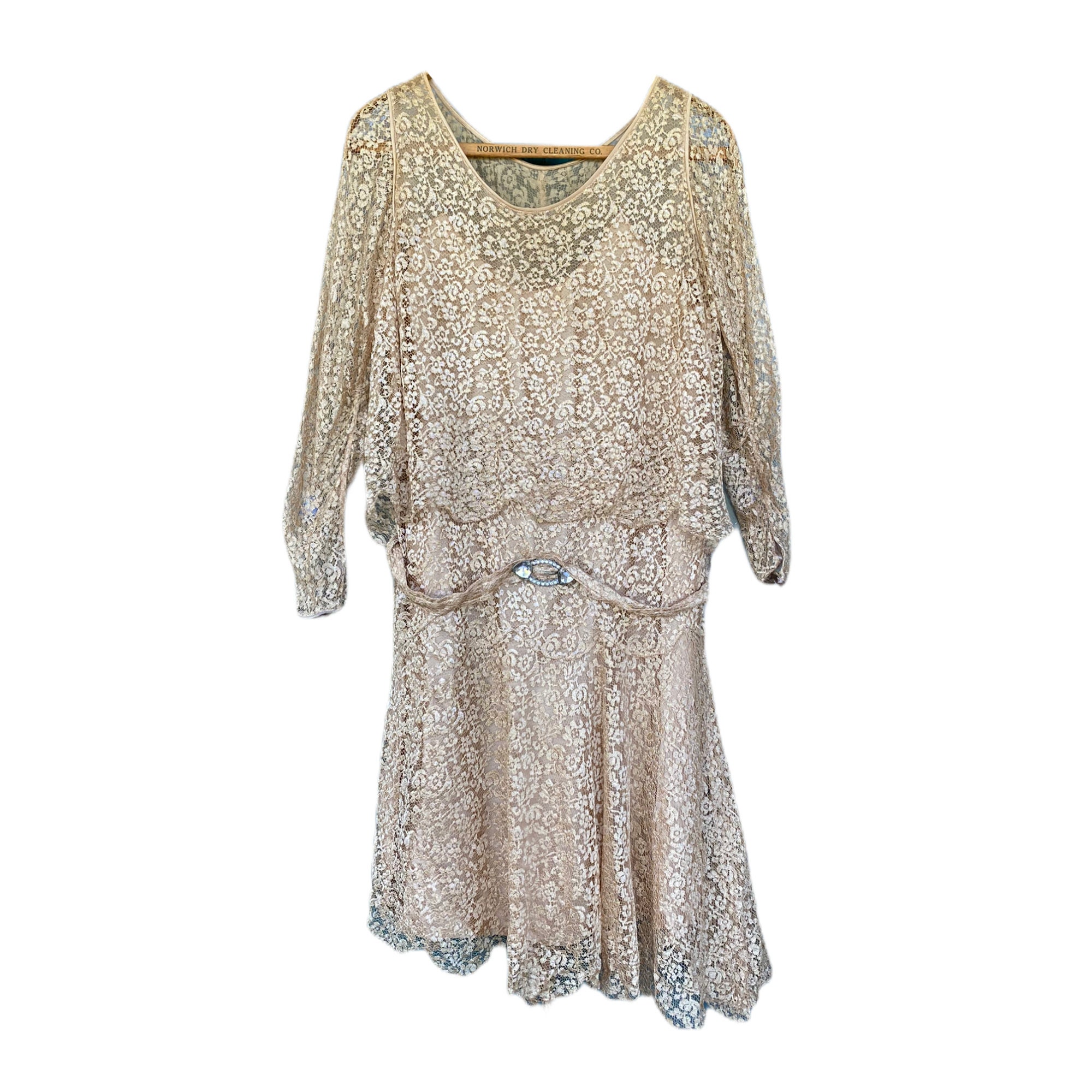 Vintage 1920s Lace Dress with Rhinestone Buckle