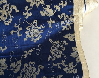 Vintage Blue and Ivory Floral Damask Satin Fabric 6 1/2 yds x 30"