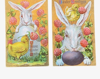 Pair of Vintage Embossed Easter Bunny Postcards with Chicks and Clover