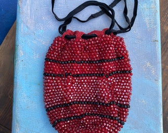 Vintage Iridescent Red Beaded Drawstring Bag