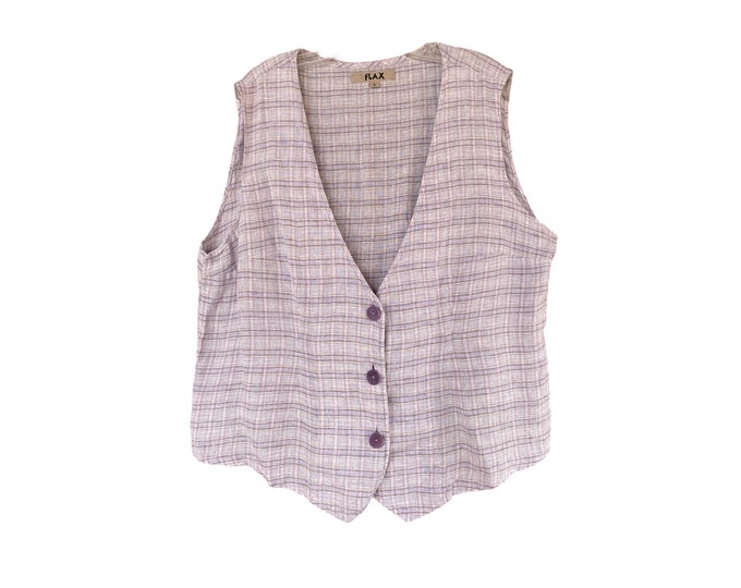Flax Menswear-Style Vest -L- Lavender Plaid Linen