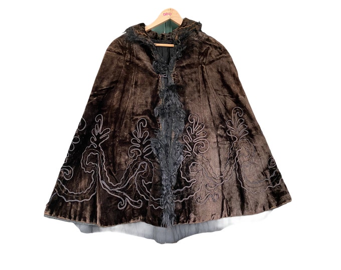 Victorian Heavy Velvet Brown and Black Cloak with Soutache and Beaded Trim