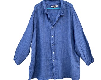 FLAX Long Sleeve Shirt -3G/3X- Blue Seersucker Linen