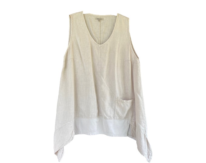 FLAX Linen Sleeveless Dress -XL- Natural Linen with Cotton/Spandex Trim