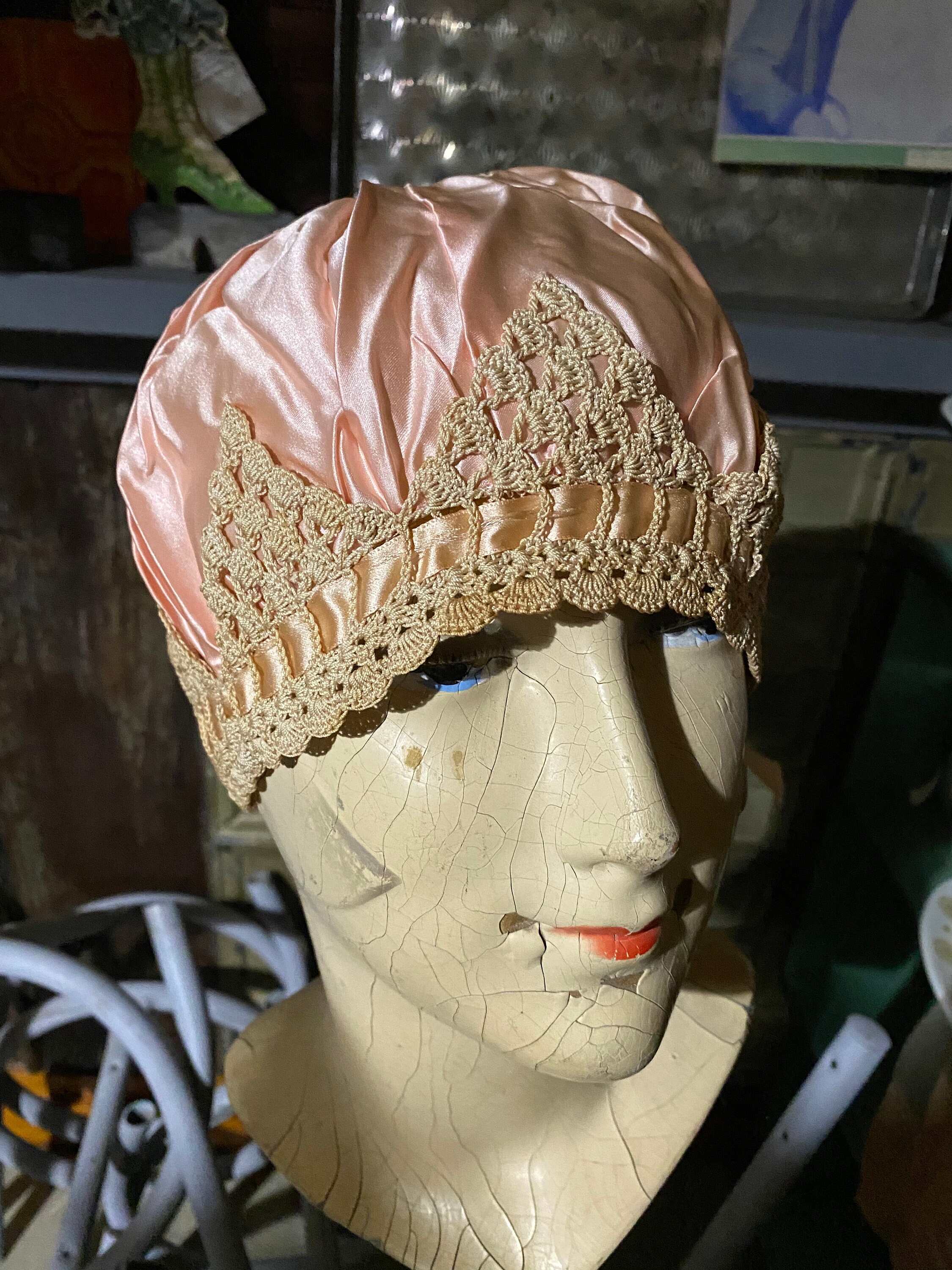 Victorian Pink Satin and Lace Night Cap