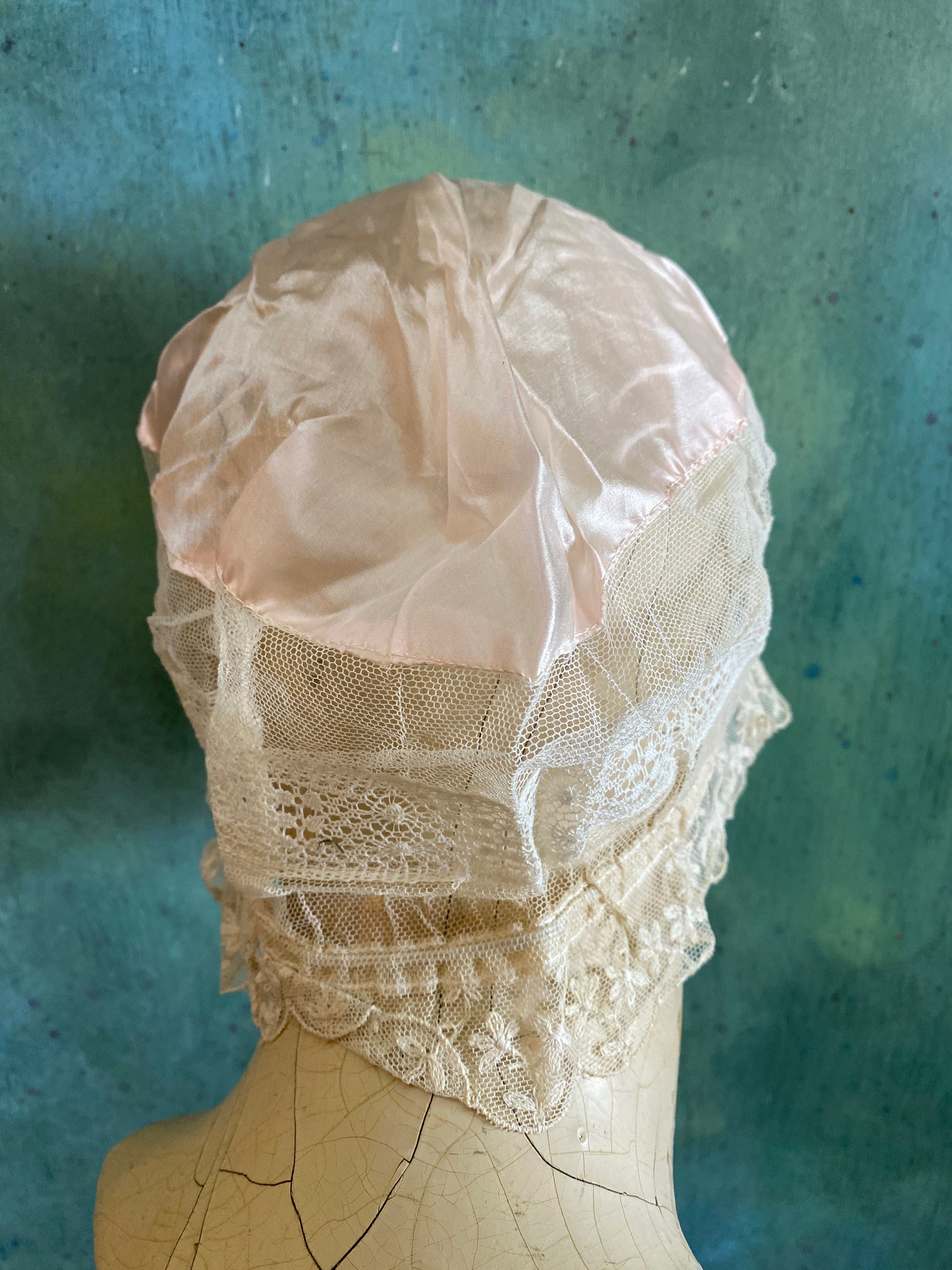 Victorian Pink Silk Satin and Lace Night Cap
