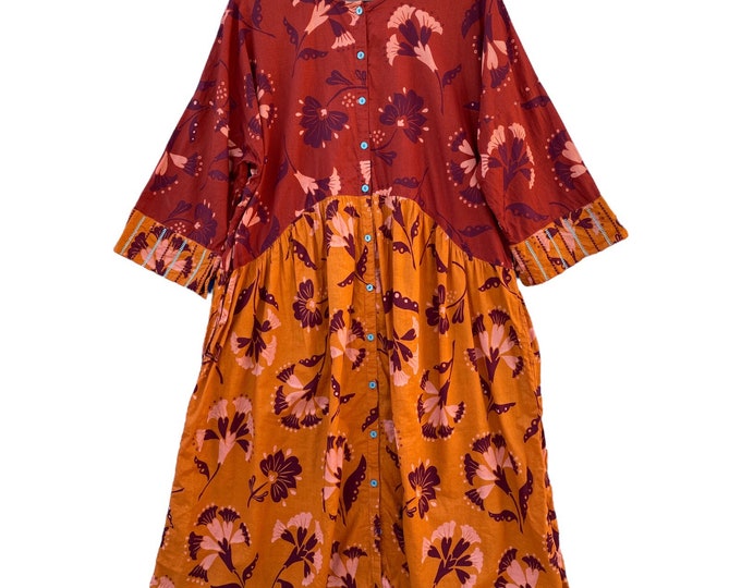 Gudrun Sjödén Organic Cotton Print Dress -L- Brown~Maroon~Pumpkin Organic Cotton