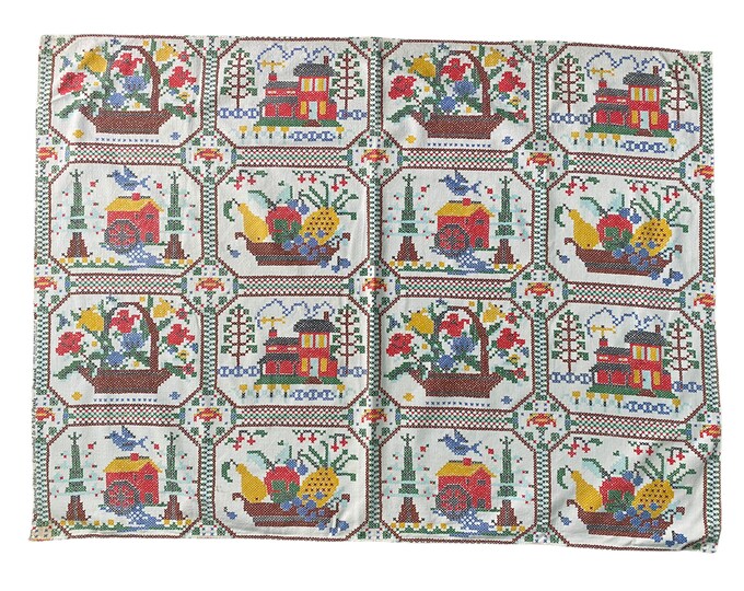 Vintage Markwood Printed Cross Stitch Bark Cloth Tablecloth 46" x 35"